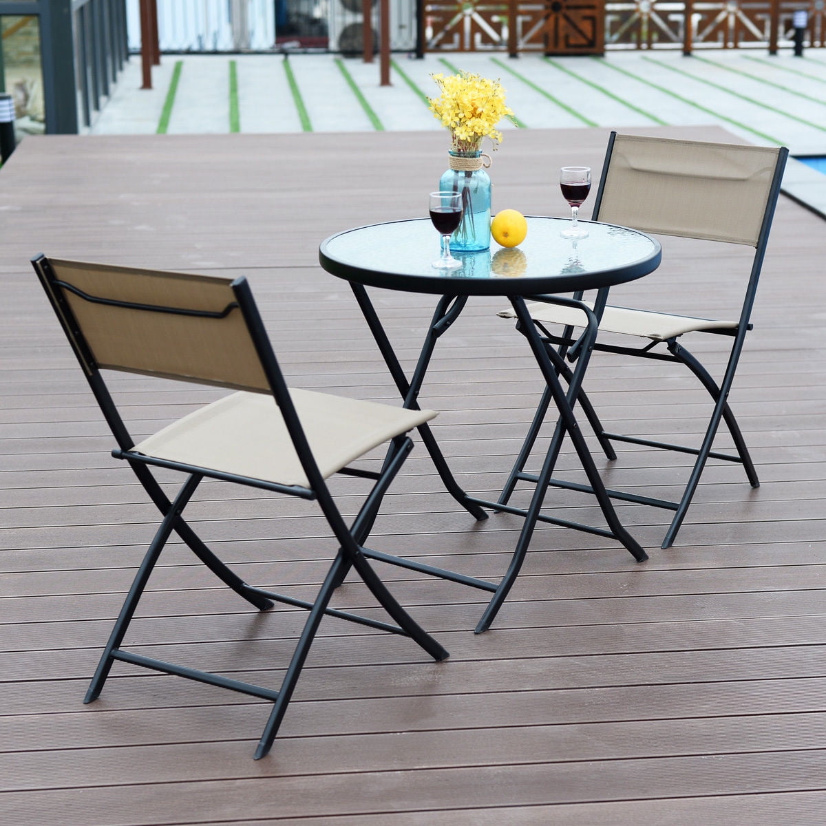 Costway 3 Piece Table Chair Set Metal Tempered Glass Folding Outdoor Patio Garden Pool by Costway