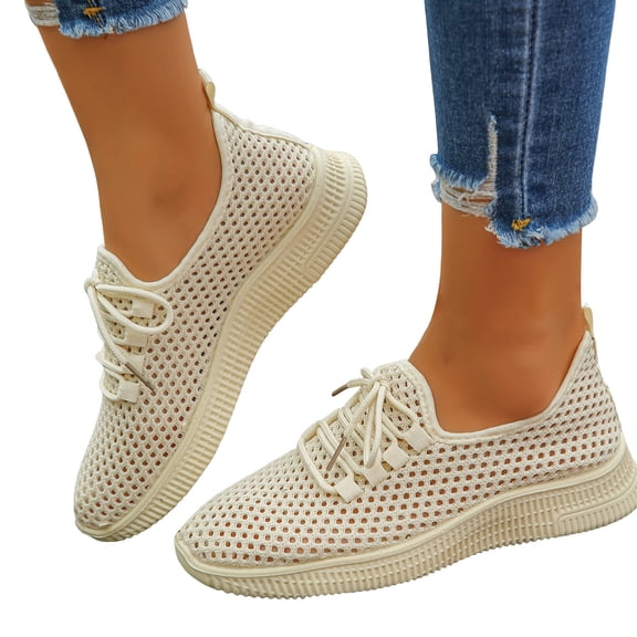 Sneakers for Women Lightweight Mesh Lace up Outdoor Running Shoes Casual Slip on Soft Sole Walking Shoes Breathable Athletic Shoes Beige Size 7