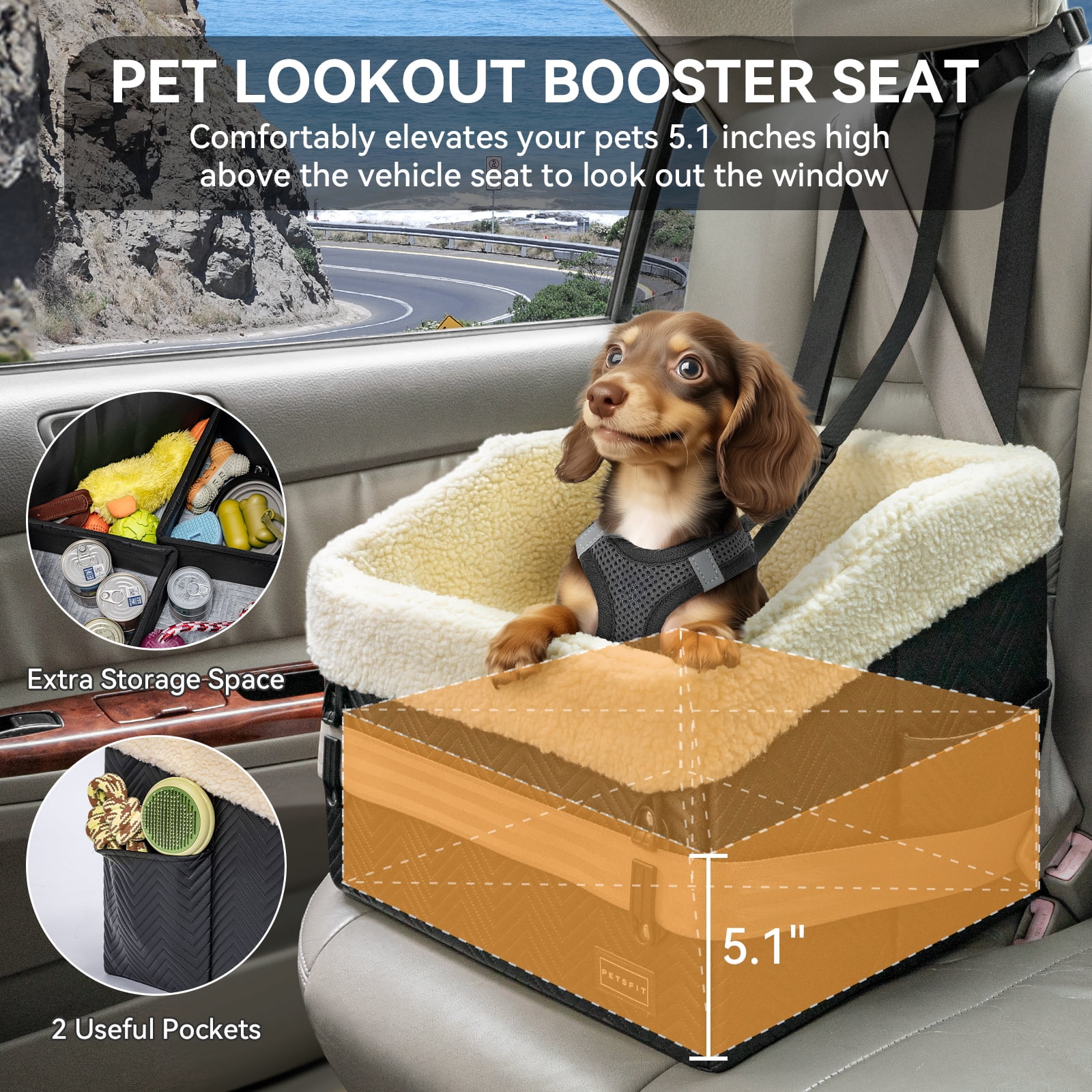 PETSFIT Small Dog Car Seat,Waterproof PU Leather Booster Seat for Small Dogs,Patent Safe Buckles, 30 lb Limit, Black