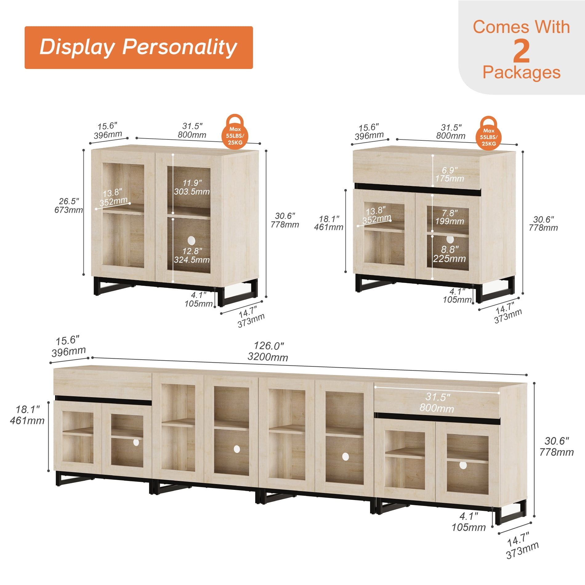 Home Bedroom Storage Cabinet, 4 In 1 Multifunctional Dresser with Glass Doors, 2 Drawers and Adjustable Shelf, Versatile Closet Organizer,Beige