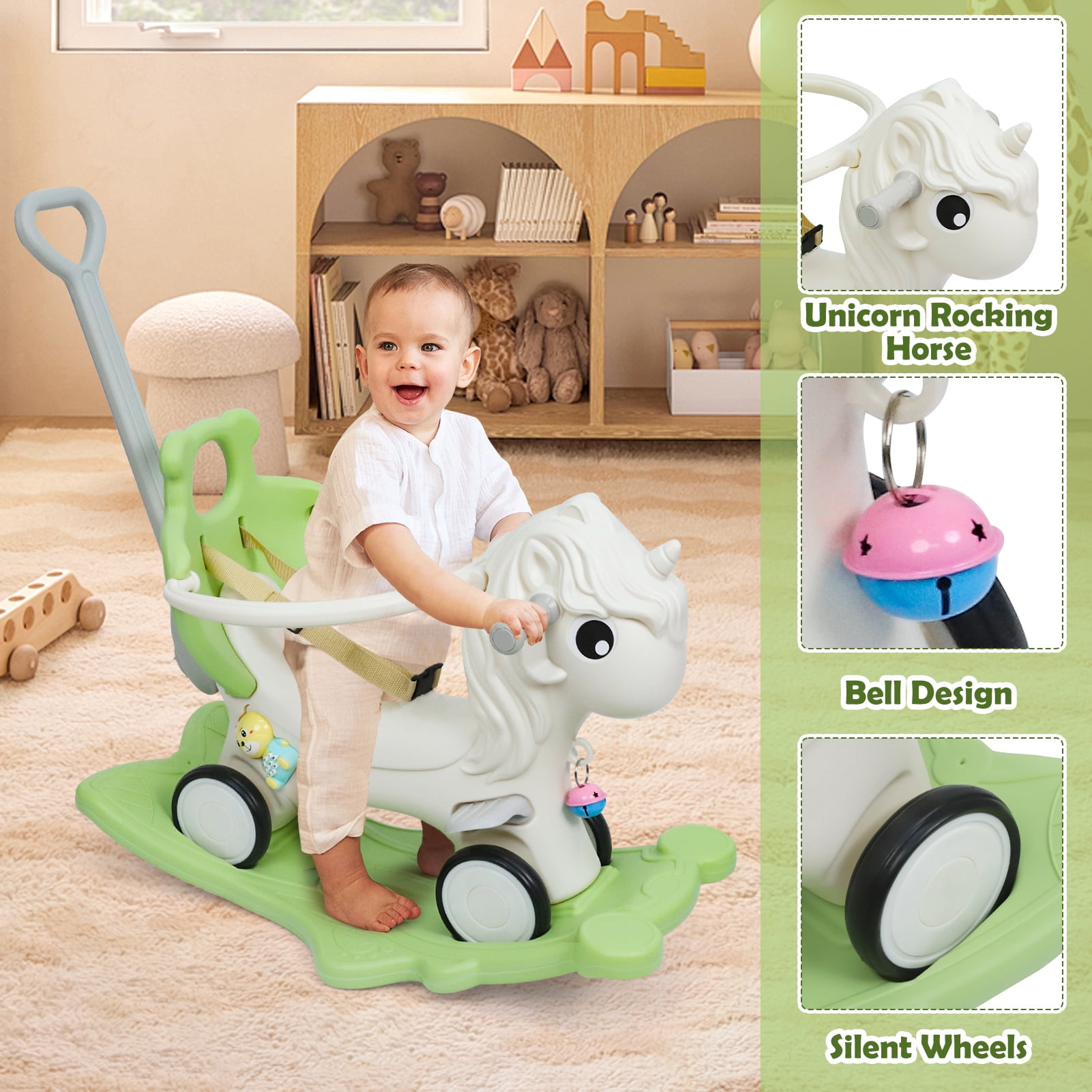 Wdmiya 4 in 1 Rocking Horse for Toddlers 1-3 Years Old, Baby Unicorn Rocking Toy Birthday Gift for Boy and Girl, Ride on Toy with Detachable Balance Board，Balance Bike with Push Handle, Green