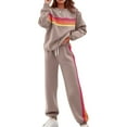 thumbnail image 2 of longantii Womens 2 Piece Sets Rainbow Striped Pullover Sweatshirt High Waist Sweatpants Color Blocked Workout Set Lounge Travel Matching Sweatsuit Khaki XXL, 2 of 4