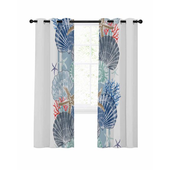 Navy Blue Coastal Blackout Curtains, Light Blocking Print Window Curtains, Summer Beach Nautical Shell Starfish Thermal Insulated Window Drapes for Living Room Kitchen Cafe 2 Panels, 104"W x 52"L