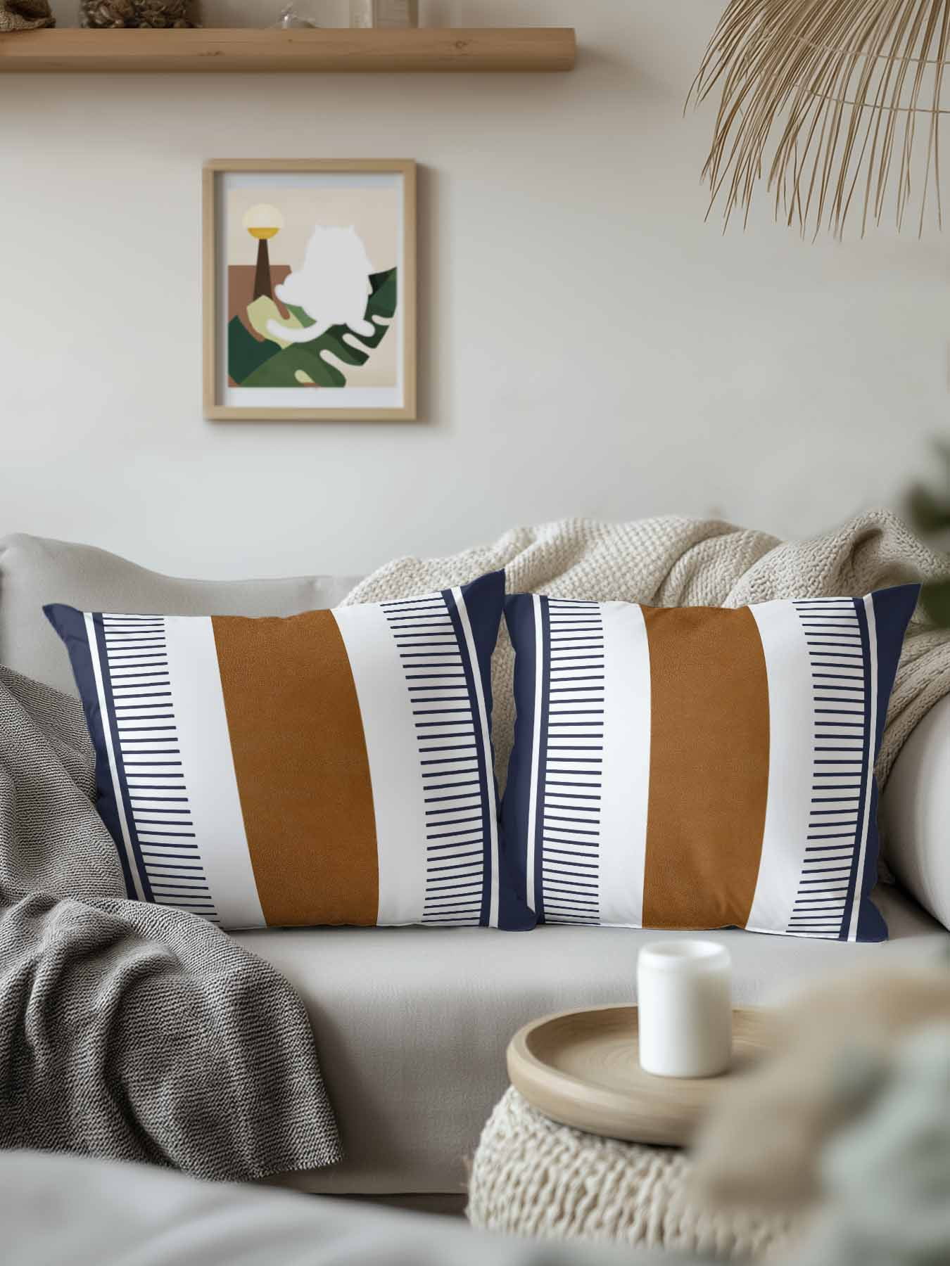 Waterproof Outdoor Throw Pillows with Inserts 18"x18" Set of 2, Modern Brown Blue Soft Decorative Pillowcases for Couch Bedroom, Boho Contemporary Geometric Striped Pillow Covers for Sofa Living Room