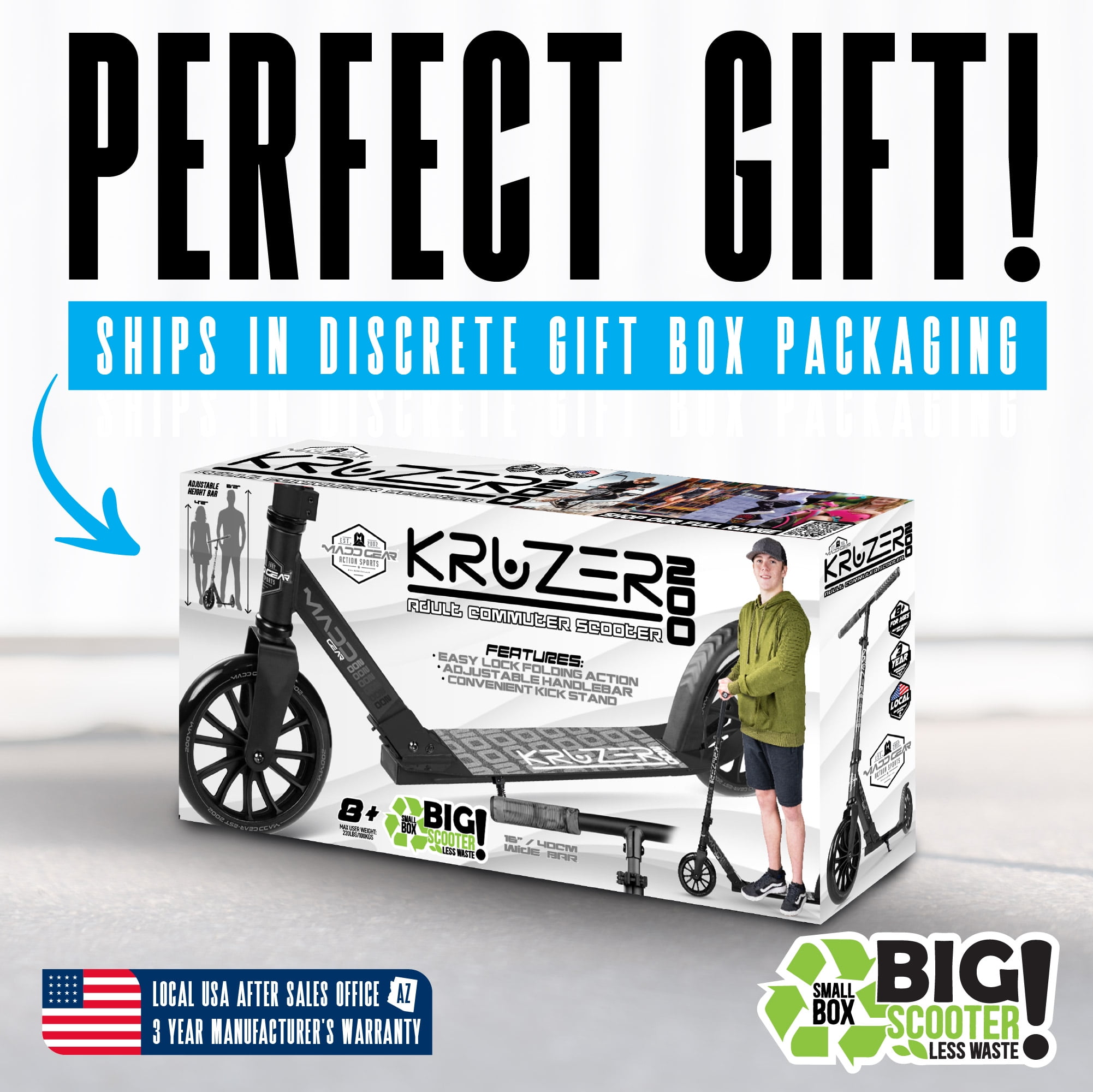 Madd Gear Carve Kruzer 200mm Commuter Scooter - Easy Folding - Height Adjustable for Teens & Adults