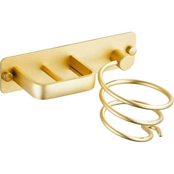 Soporte para secador de pelo, plancha de pelo con organizador de cables, soporte de pared metálico para guardar secador, plancha, cepillos y más (dorado)