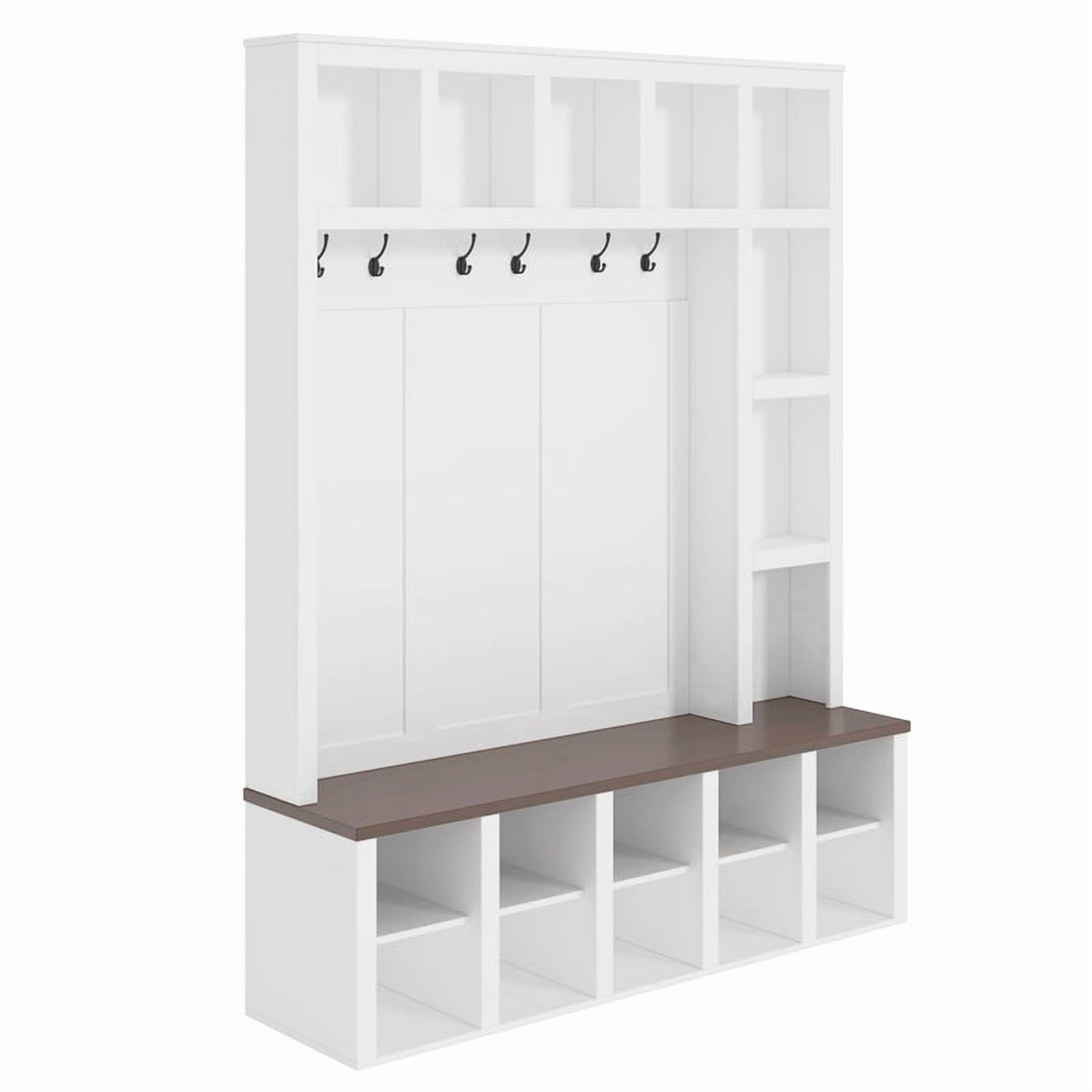 Farmhouse 4-in-1 Entryway Hall Tree with 6 Hooks, Versatile Storage Bench with Open Cubbies, Entryway Coat Rack with Adjustable Shelves for Mudroom, Living Room