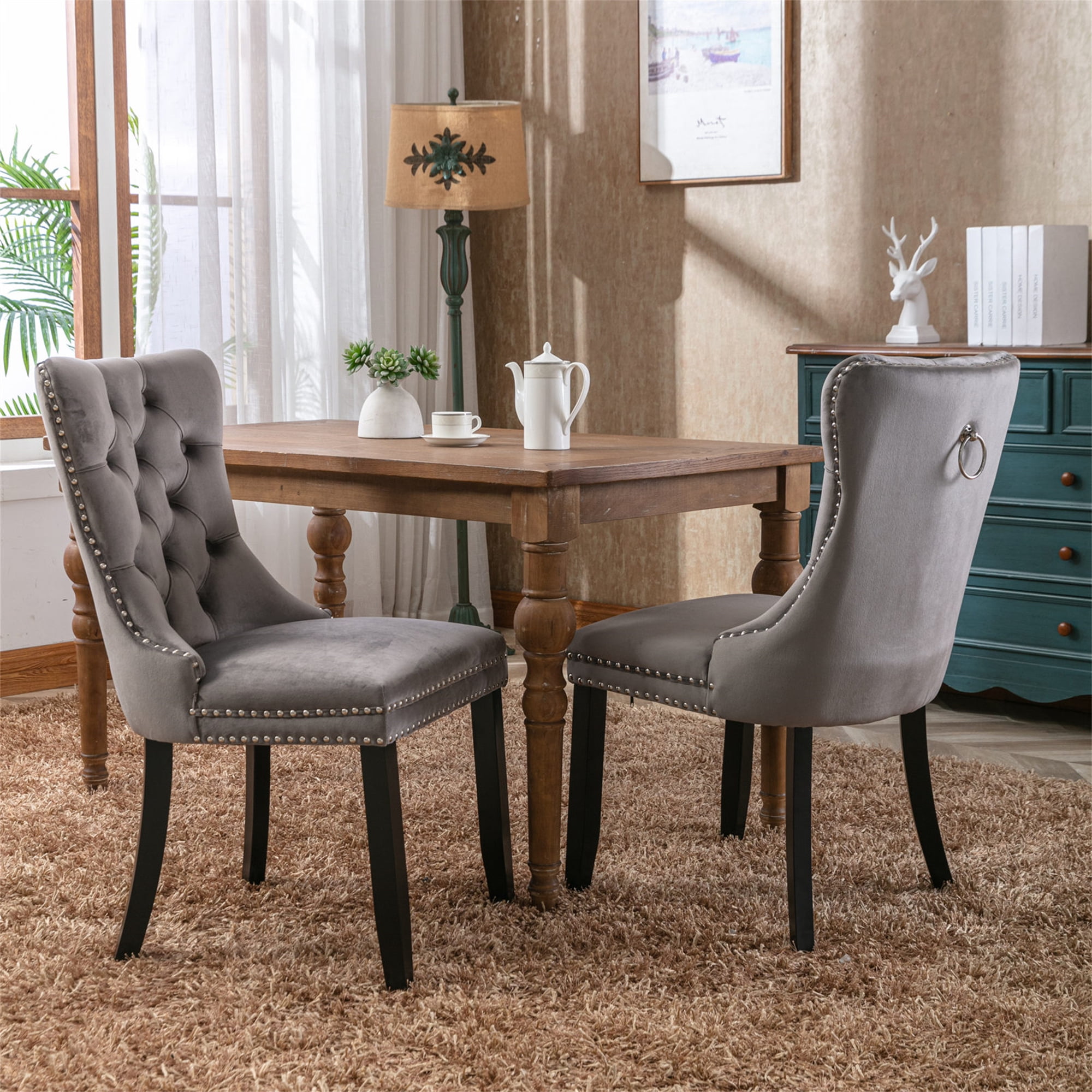 Miniyam Dining Chair Set of 2, High-end Tufted Velvet Upholstered, Gray