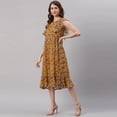 thumbnail image 4 of Janasya Summer Boho Round Neck Short Sleeve Floral Mustard Poly Georgette Flowy Midi Dress For Women, 4 of 7