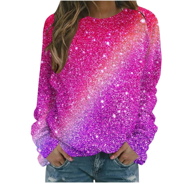 AherBiu Chandails à Col Rond pour Femmes Manches Longues Imprimé Brillant Printemps Décontracté Ample Chandail Pailleté Hauts