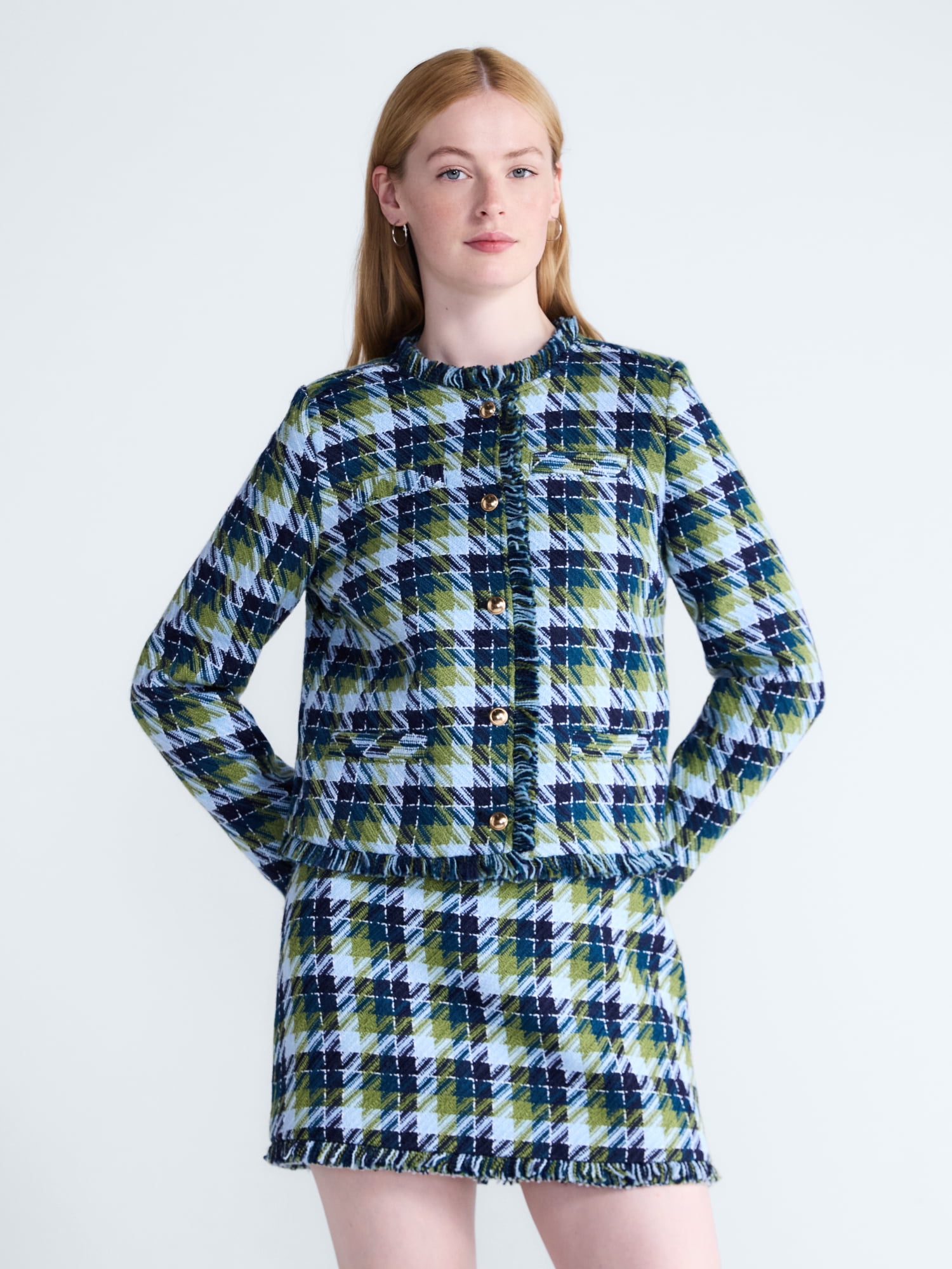 Free Assembly Women's Cropped Tweed Jacket with Fringe Trim, Sizes XS-XXL