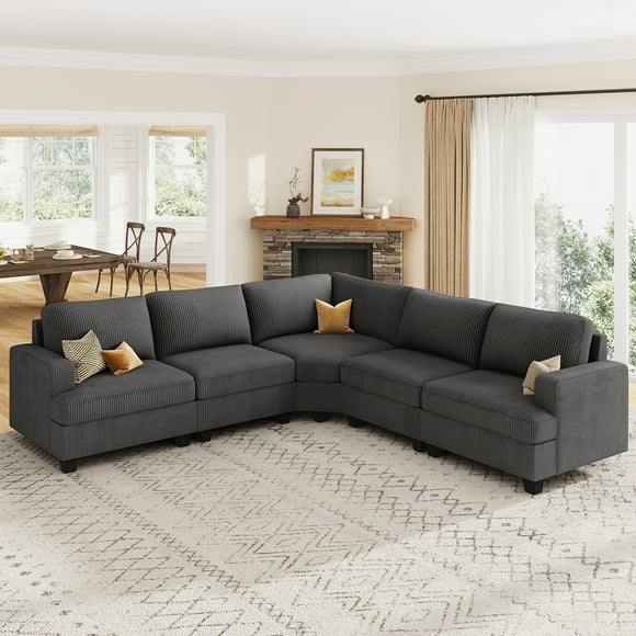 HONBAY L-Shaped Sectional Modular Corner Sofa Oversized Corduroy Couch for Living Room, Grey