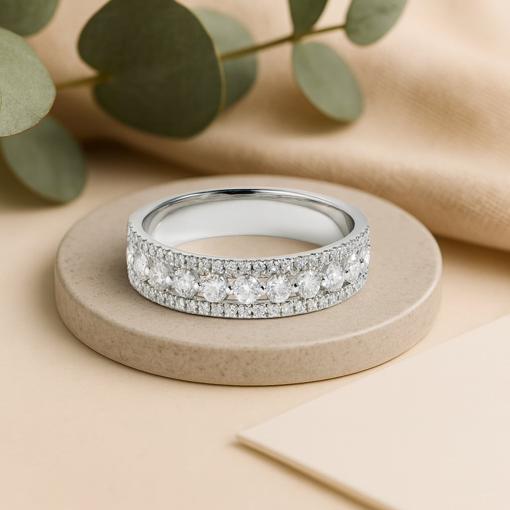 JeenMata Double Pave - 0.75 Carat Round Brilliant Cut Moissanite - Eternity Anniversary Ring - 18K White Gold Plating for Women