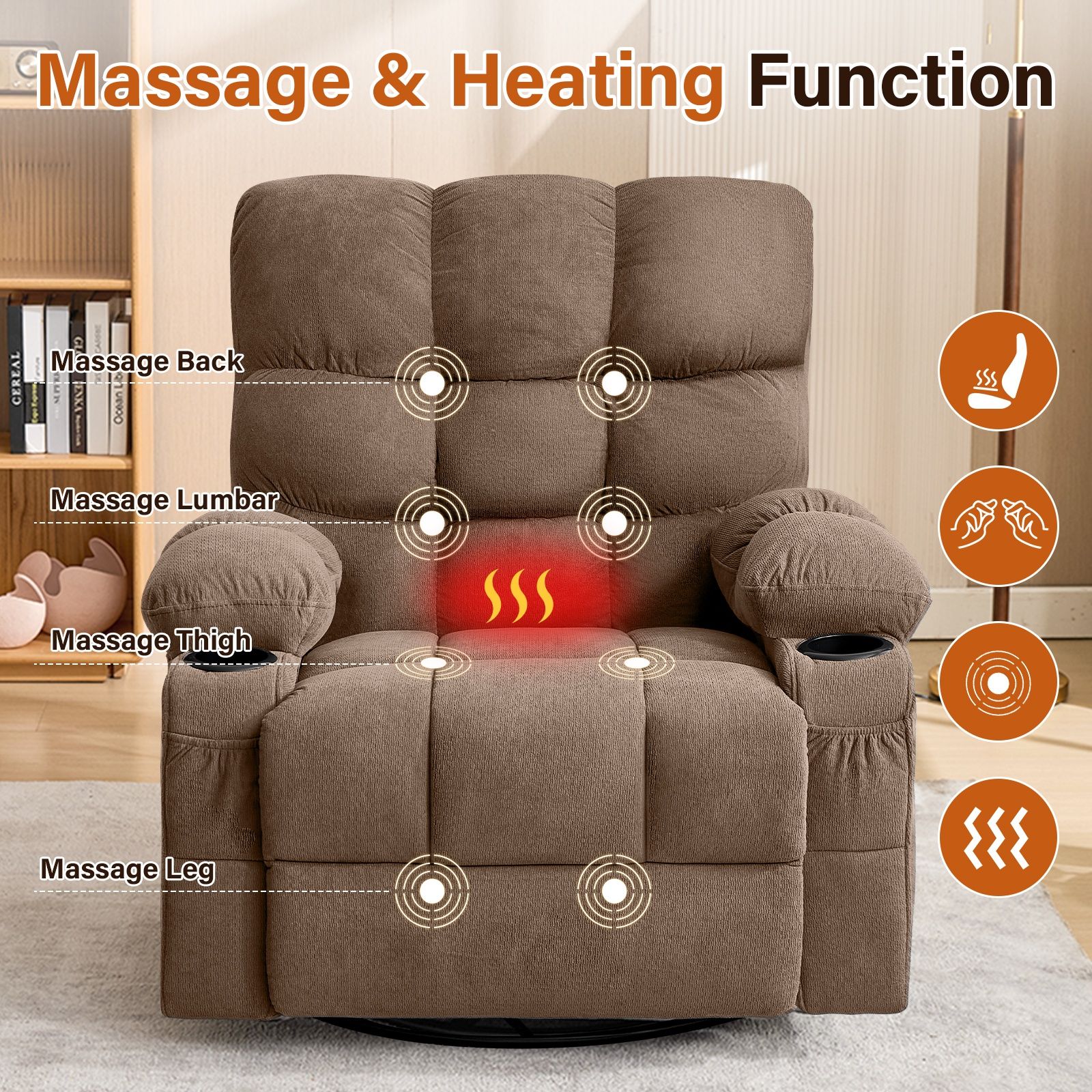 Alvantor Swivel Rocker Recliner Chair with Massage & Heat Single Rocker Sofa with Cup Holders for Bedroom Home Theater Brown