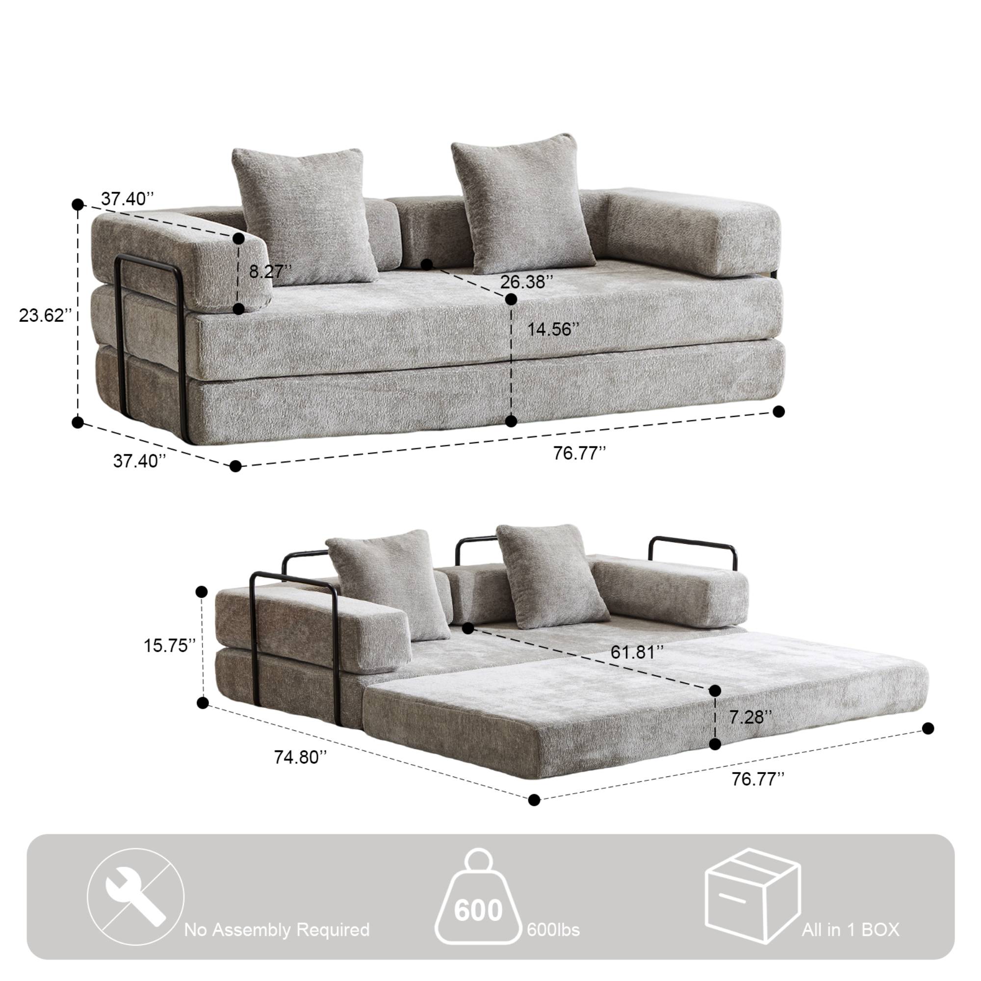 Convertible Sleeper Sofa Bed with Pillow, Corduroy Folding Mattress Floor Sofa Lounge Couch for Living Room, Bedroom, Light Grey
