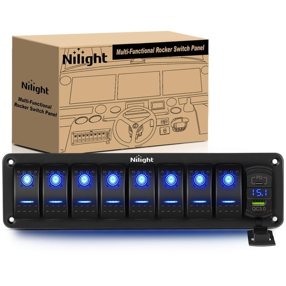 Nilight 8 Gang Rocker Switch Panel with PD Type C and USB Charger Voltmeter 12V SPST ON Off Toggle Switches w/Blue Backlit Waterproof Aluminum for Boats Cars RVs Trucks