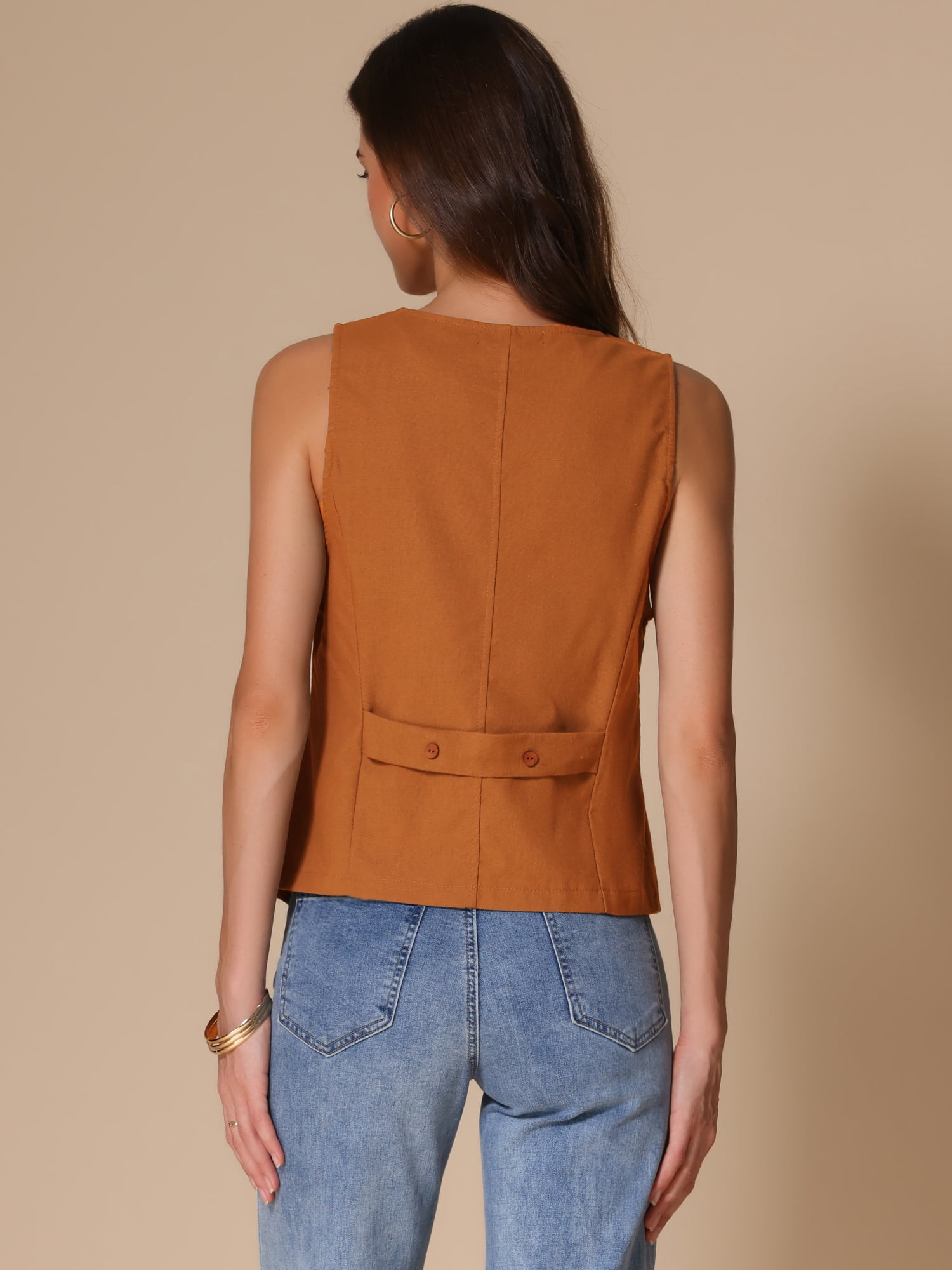 DARING DIVA Womens Linen Vest Loose Sleeveless Blazer Lightweight Jacket XS Orange