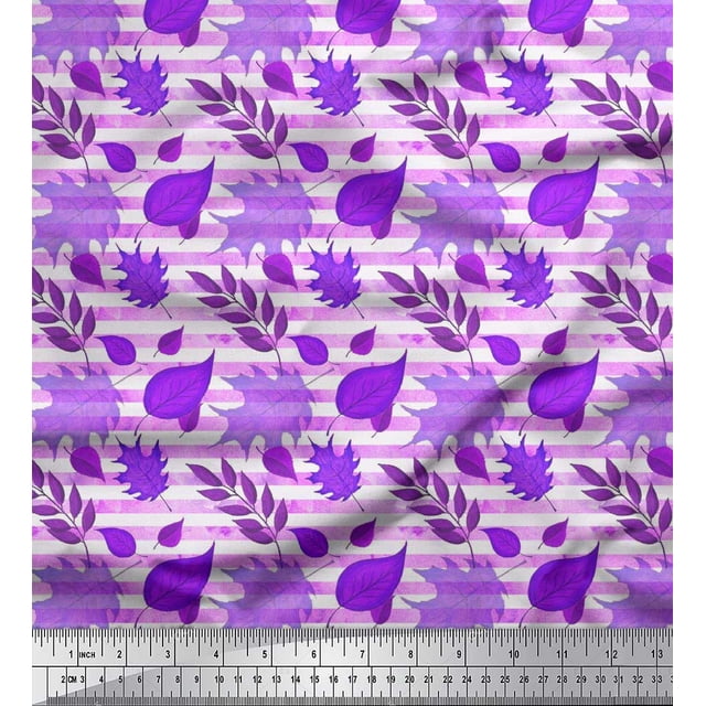 Soimoi Poly Georgette Fabric Stripe & Autumn Leaves Fabric Prints By Yard 42 Inch Wide