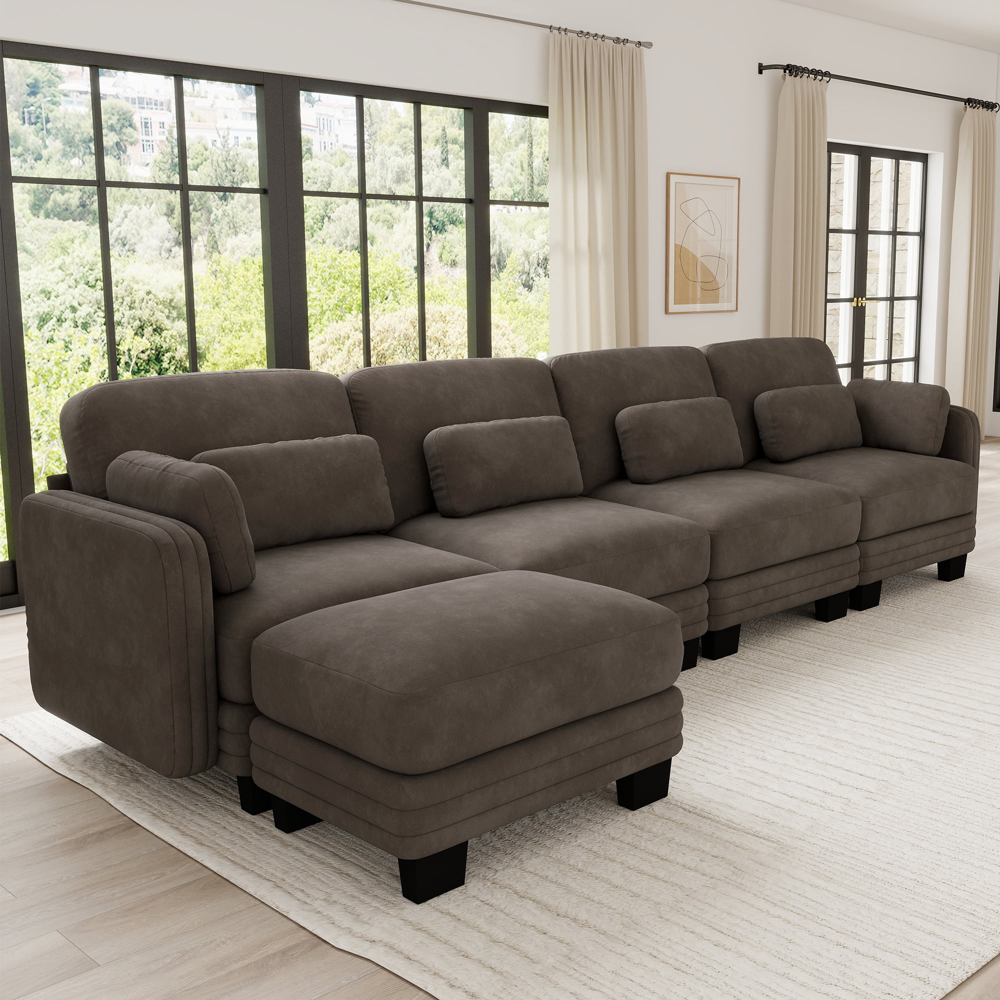 130" L Shape Modern Modular Sectional 4 Seater Sofa Couch with Movable Ottoman and 6 Pillows