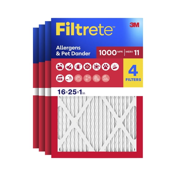 Filtrete 16x25x1 HVAC Furnace Air Filter, MPR 1000 MERV 11, Allergen Defense, 4 Pack