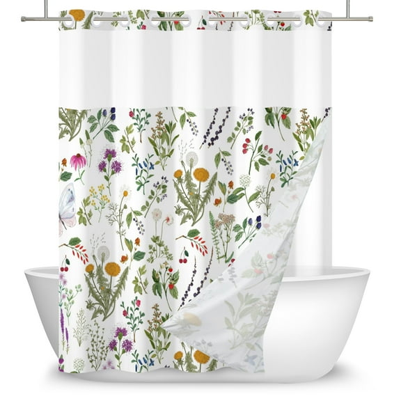 Mizhona Floral Shower Curtain Hookless Colorful Leaves for Bathroom Waterproof with Snap in Liner Washable Modern Pretty Decor 71"X71"