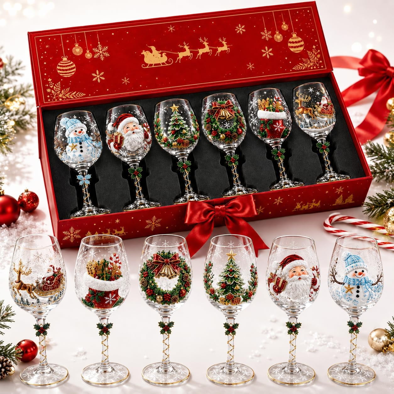 Christmas 3D Wine Glass Collection Gift Box Set, 2026 New 3D Santa Christmas Wine Glass, Raised Holiday Goblet with Snowflake Decor, Festive Glassware for Wine, Cocktails, Holiday Party (G#)
