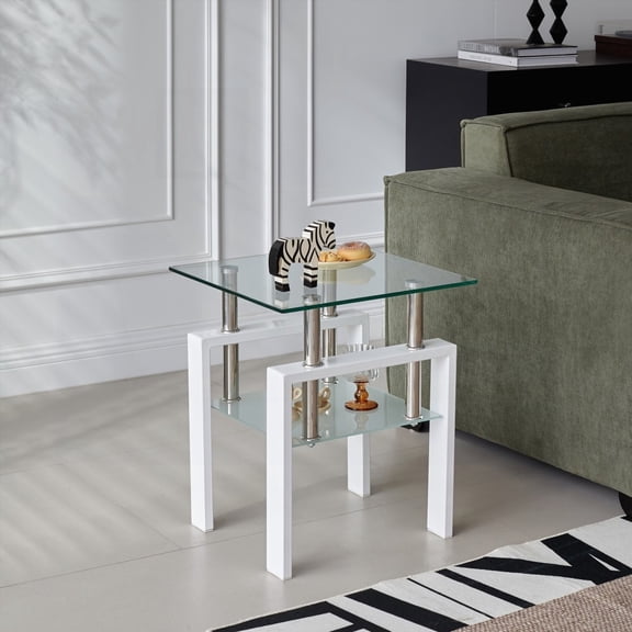 White Tempered Clear Glass End Table for Living Room - 2-Layer Storage Model