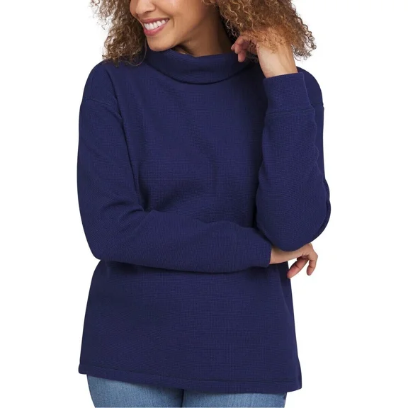 Lands' End Women's Long-Sleeve Waffle Funnel Neck Top, Dark Blue, Size XL