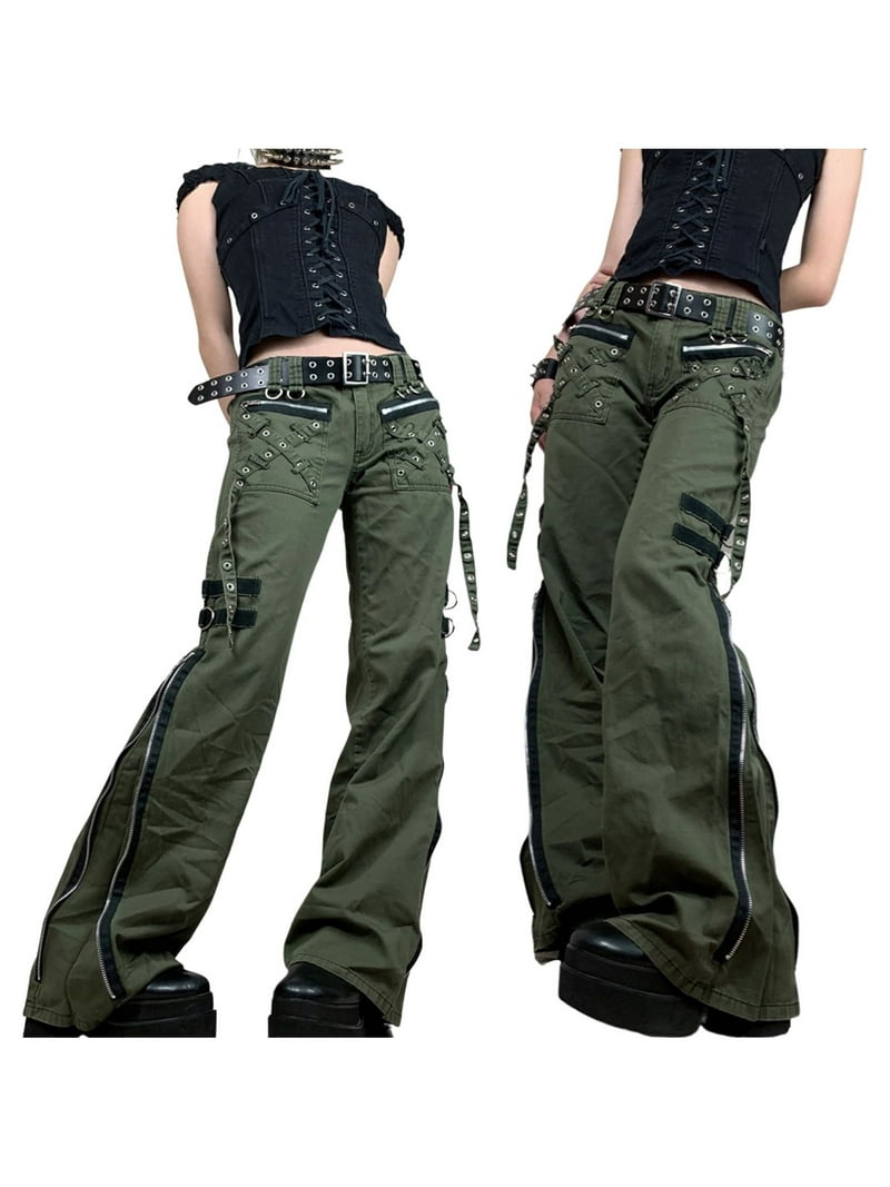 Kiapeise Women Gothic Cargo Pants Goth Loose Low Waist