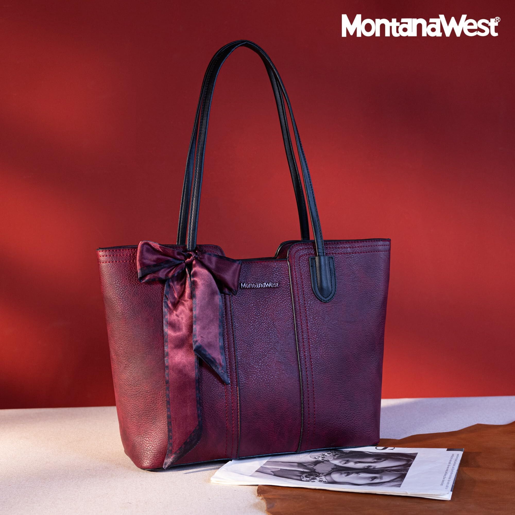 Montana West Tote Bags for Women Medium Top Handle Handbags with Scarf, Red
