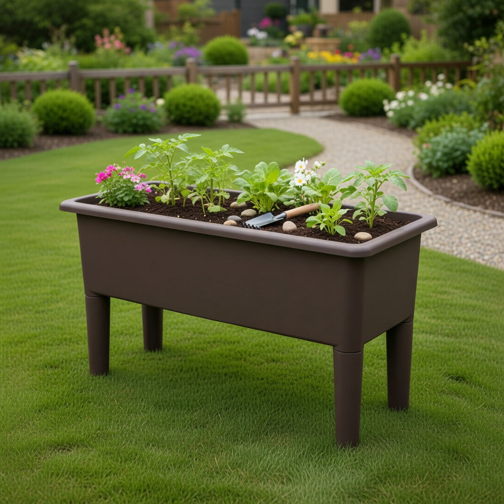 Topcobe 2 Pieces Raised Garden Beds Self-Watering Planter Box with Detachable Legs and Drainage Hole, Garden Boxes Outdoor Raised, Coffee