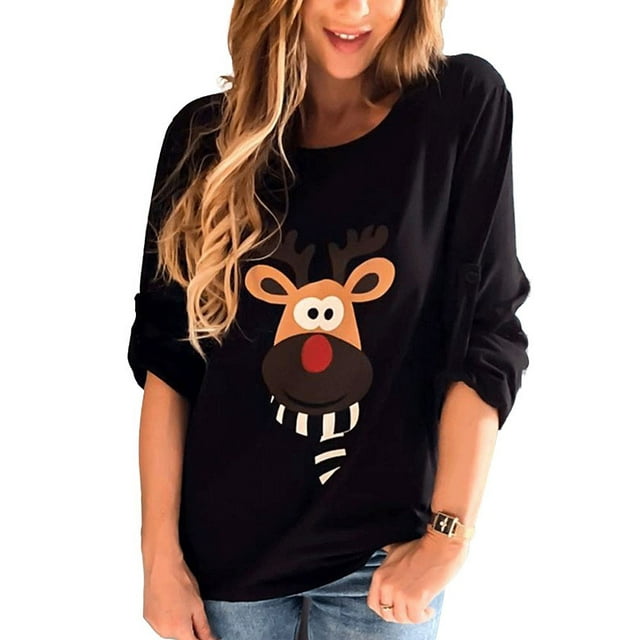 DYMADE Tee-Shirt Décontracté à Manches Longues Col Rond Imprimé Dessin Animé de Noël pour Femmes