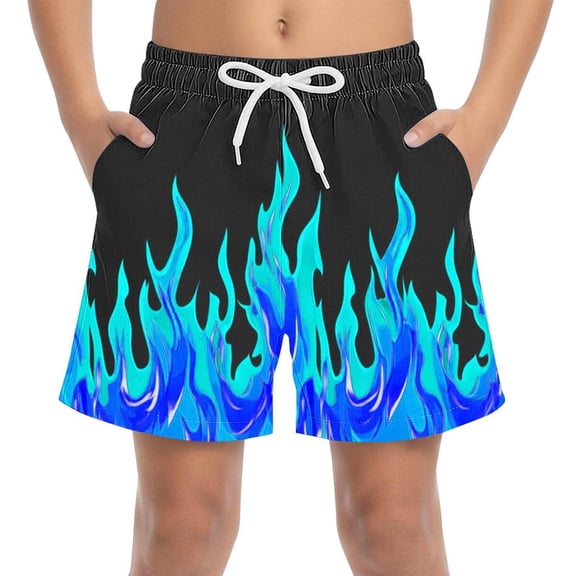 Virmaxy Flame Print Quick Dry Beach Shorts Elastic Waist Drawstring Summer Trunks with Side Pockets Lightweight Vacation Shorts, for 4-15Y