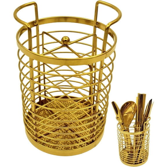 ABCISI Gold Utensil holder for Kitchen Counter, Kitchen Divided Organizer for Serving Utensils, Stainless Steel Mesh Storage Baskets for Holding Knife Fork Spoon, Easy to Dry