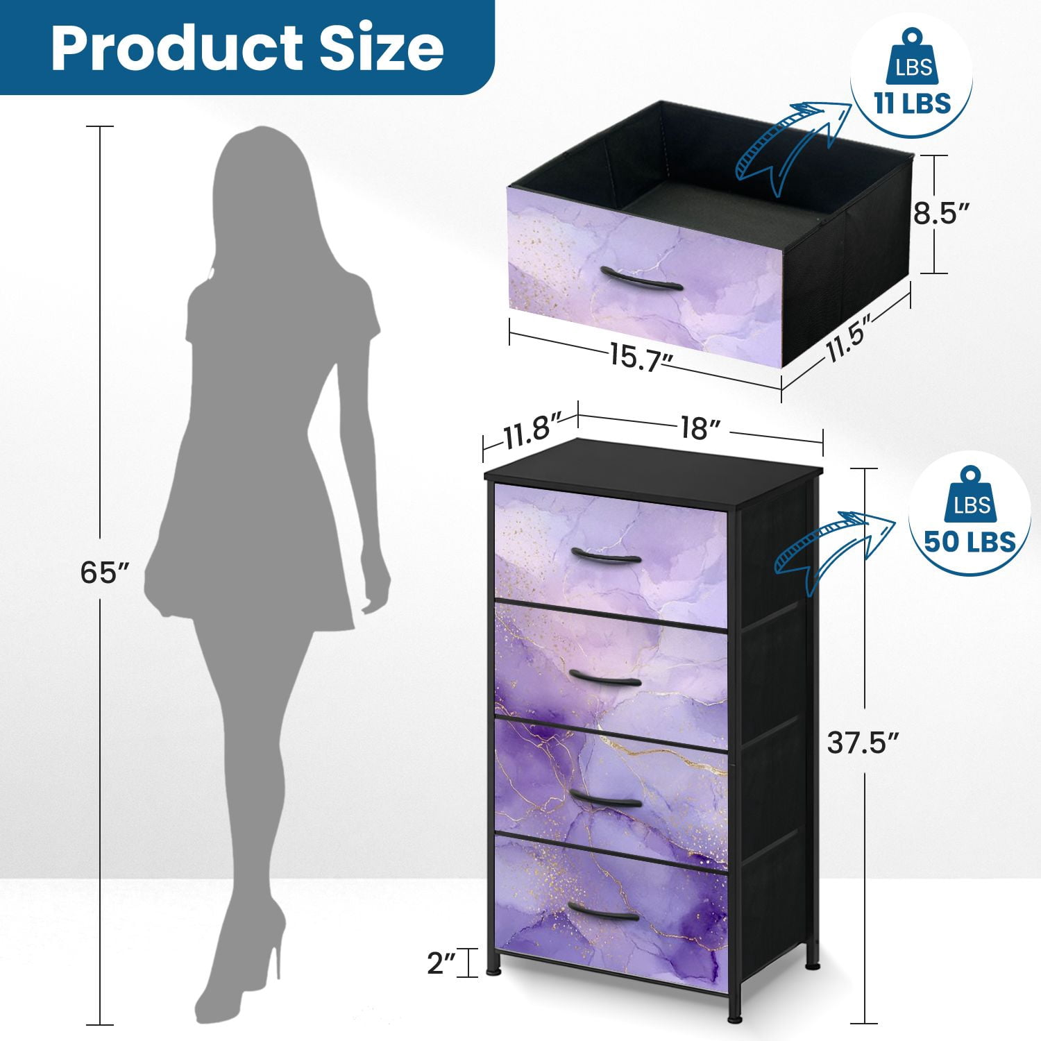 Boho Dresser for Bedroom with 4 Storage Drawers Violet lavender liquid watercolor marble golden lines Pastel purple Dressers Chest of Drawers Steel Framed Fabric Closet Organizers for Entryway