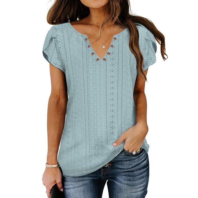 Tops de verano para mujer, camisa informal de Color puro con cuello en V y mangas de pétalos recortadas de Jacquard para fiesta, oficina y compras