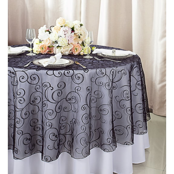 Wedding Linens Inc. 90" Round Embroidered Organza Table Overlay Toppers Tablecloth - Black