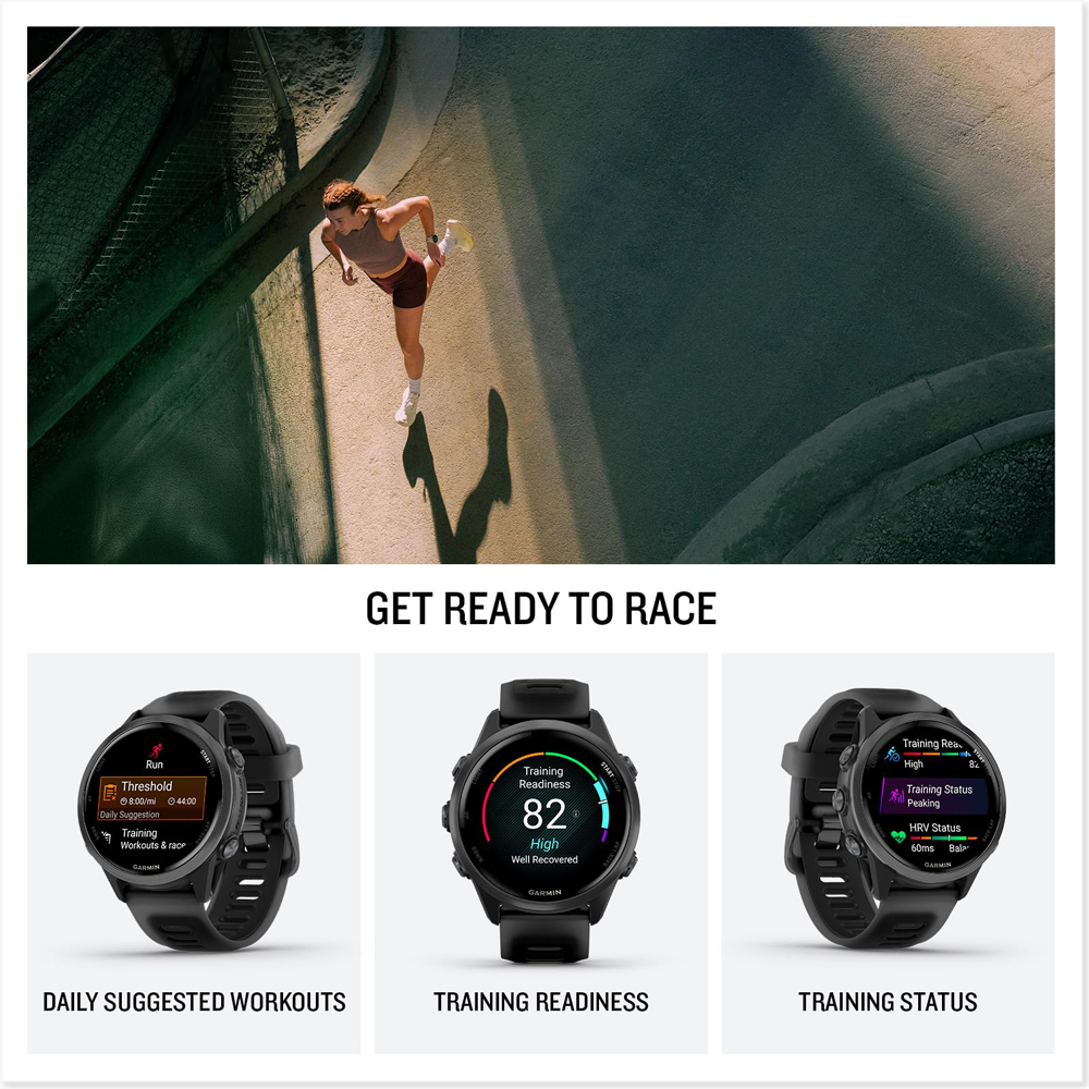 Garmin 010-02970-00 Forerunner 570 42mm GPS Smartwatch, Aluminum and Black Band Bundle with Deco Essentials Charging Dock, 3x Silicone Dust Cover and 2x 1.2 Inch Screen Protector