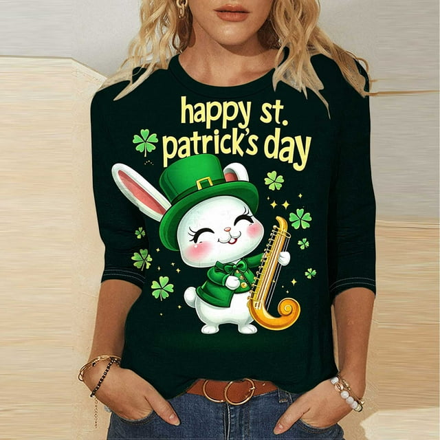 Xuyuer Women's Fashion St. Patrick's Day Printed 3/4 Sleeve Round Neck Blouse, Casual Holiday Top for Irish Themed Parties, Festival Outfits and Seasonal Celebration