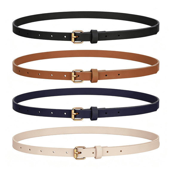 HBMYN 4 Pack Skinny Women Leather Belt for Dresses Thin Waist Belt for Jeans Pants with Gold Versatile Slim Fit skinny brown belt women