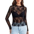 thumbnail image 2 of WULMLEO Women's Lace Long Sleeve Tops, Mock Neck Sheer Mesh Top, See Through Floral Lace Tops, Party Club Night Blouse Shirts Black XL, 2 of 5