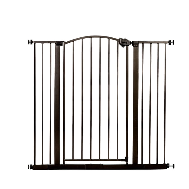 Regalo Easy Step Puerta para bebé con decoración arqueada extra alta, incluye kit de extensión de 4 pulgadas, kit de montaje a presión de 4 paquetes y kit de montaje en pared de 4 paquetes, bronce, 36