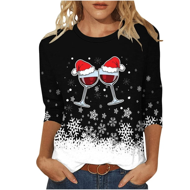 Camisetas de Navidad para Mujeres, 3/4 Manga Cuello Redondo Blusa con Estampado de Vacaciones, Top de Moda Casual