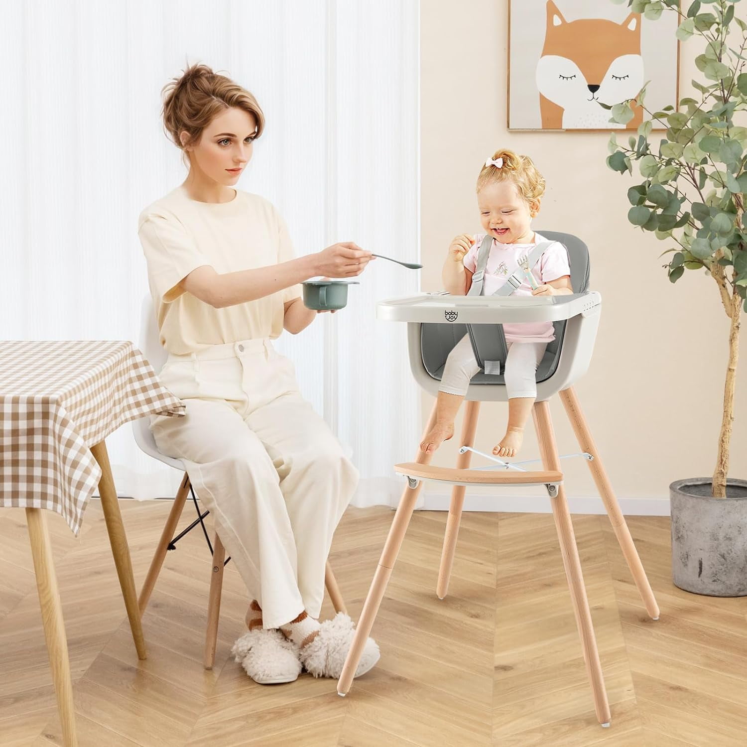 High Chair, OEIKPFN 3 IN 1 Convertible Wooden High Chair with Adjustable Legs & Removable Tray, Gray
