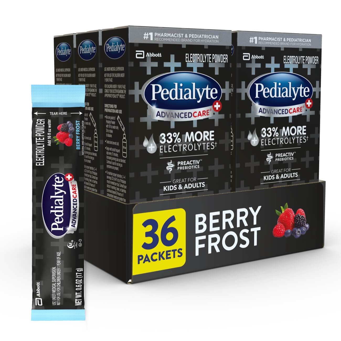 Pedialyte AdvancedCare Plus Berry Frost Powder, 17g Packet (Count 36)