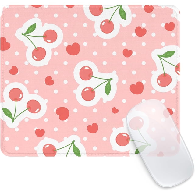 Square Cute Funny Mouse Pad Pink Cherries and Hearts Design Waterproof NonSlip Rubber Base Personalized Office Home Computer Mouse Pads for Wireless Mouse Perfect for a Playful Desk Setup