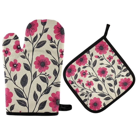 Yayeee Oven Mitts and Pot Holder Set of 2 Heat Resistant Kitchen Gloves Baking Hot Pad, Pink Flowers