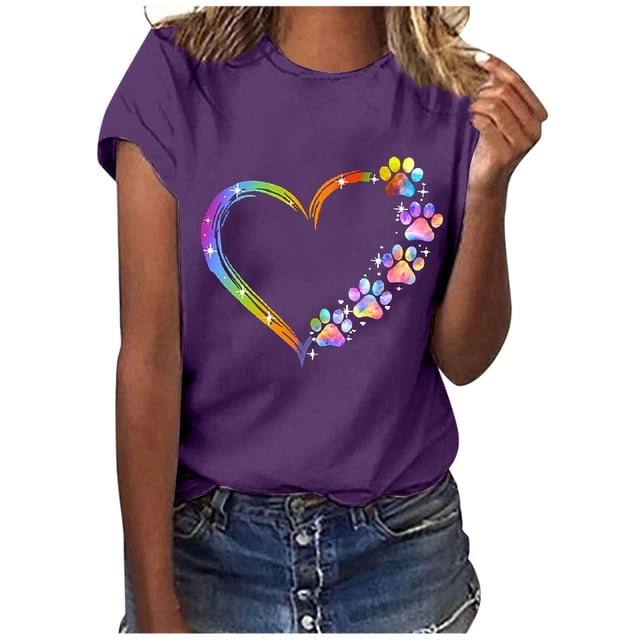 AherBiu Hauts de la Saint-Valentin pour Femmes à Imprimé de Cœurs, Col Rond, Manches Courtes, Haut Basique, T-Shirts, Chemises, Blouse