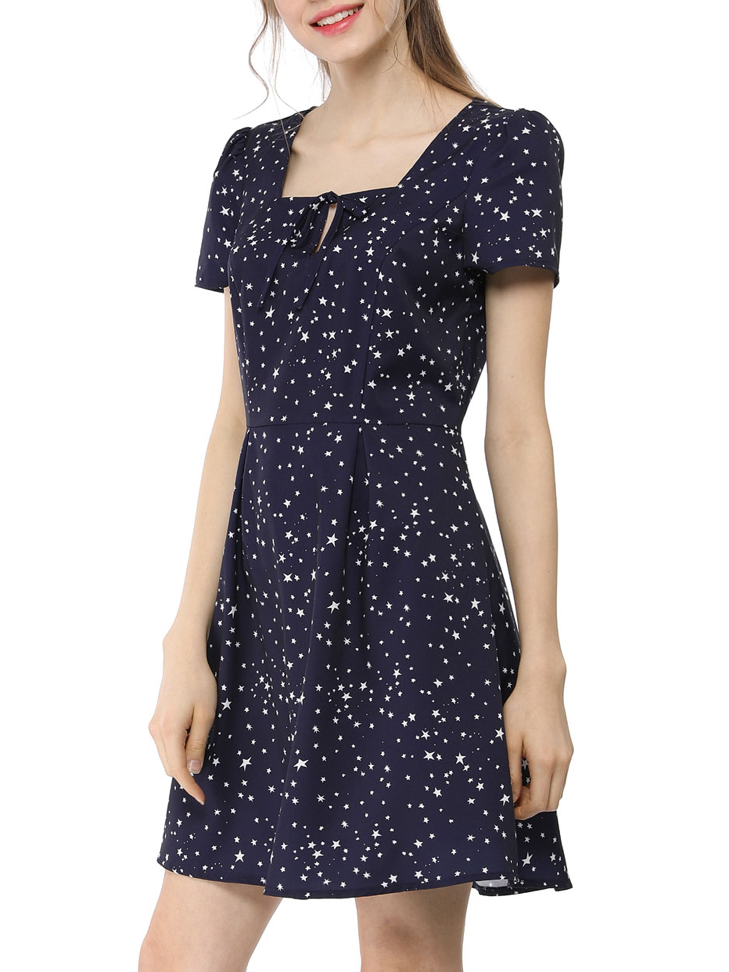 DARING DIVA Square Neck Short Sleeve Print A-Line Dress XS Blue-Stars