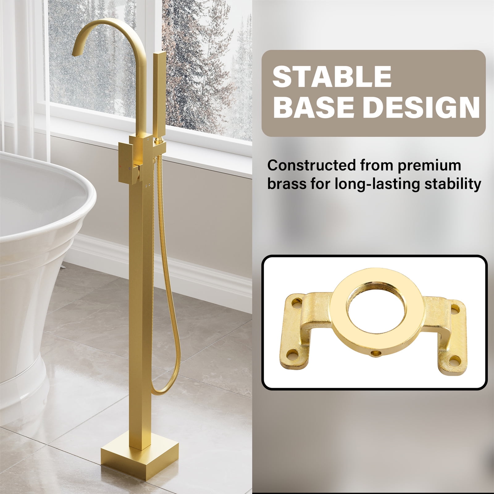 ANGELES HOME Free Standing Bathtub Faucet, Single Handle Floor Mounted Tub Filler Faucet with Handshower, Brushed Gold